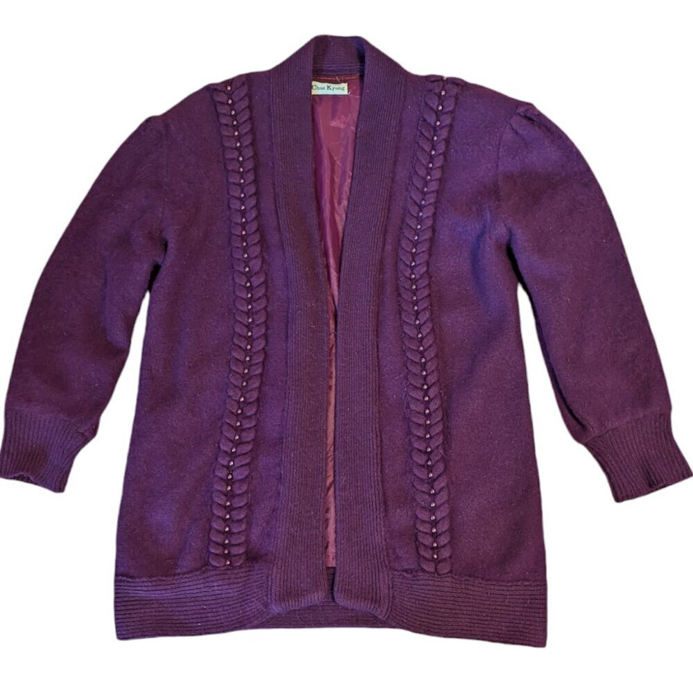 Vintage Angora Sweater Cardigan Jacket Open Front Boho Pearl Braid